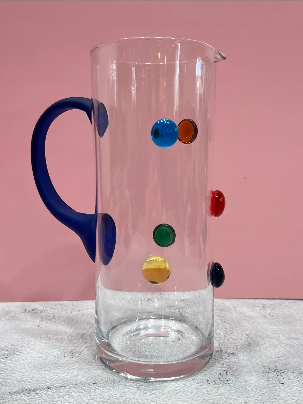 Vintage Murano Style Art Glass Pitcher Rainbow Dot Bubbles Post Modern Memphis